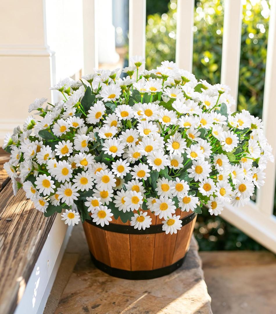 Daisy Artificial Flowers for Outdoors Decoration, 6 Bundles Fake Plants Flowers Bouquet White Faux Flowers for Outdoor Planter Look Real UV Resistant Silk Flowers for Outside Front Door Porch Patio