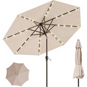 10FT Solar Lighted Patio Umbrella, Outdoor Table Market Umbrellas with Push Button Tilt and Crank, 32 LED Lights, 8 Sturdy Ribs, UV-Resistant for Deck, Garden, Pool