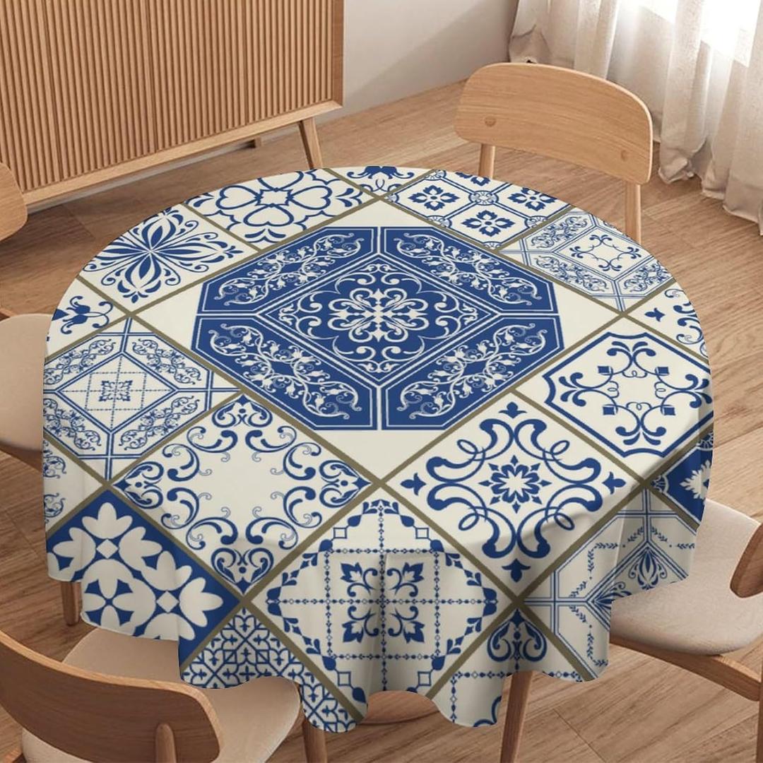 Blue White Patchwork Round Tablecloth, Vintage Spanish Style Tile Waterproof Wipeable Table Cover for Picnic Holiday Party Kitchen Dining 36"