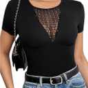 WDIRARA Women's Rhinestone Mesh T Shirt Crew Neck Short Sleeve Tee Fitted Top M