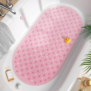HITSLAM Oval Bath Mat for Tub, 27x15 Inch Bubble Bathtub Mat Non Slip, Machine Washable Bathroom Shower Mat with Drain Holes and Suction Cups, Bathroom Accessories Pink