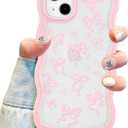 Aitipy for iPhone 14 Plus/15 Plus Case, Wavy Frame Cute Ribbon Bowknot Pattern Aesthetic Transparent Back Soft TPU Shockproof Phone Case for Women Girls, Pink