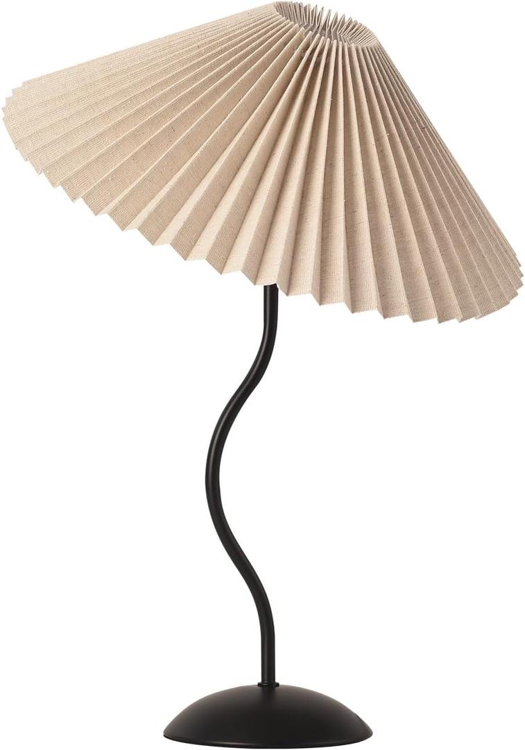 KUNJOULAM Small Pleated Table Lamp, Bedside Nightstand Lamp with Beige Lampshade Black Base, Morden Mini Lamp for Bedroom Home Office Decor, E12 Bulb Included