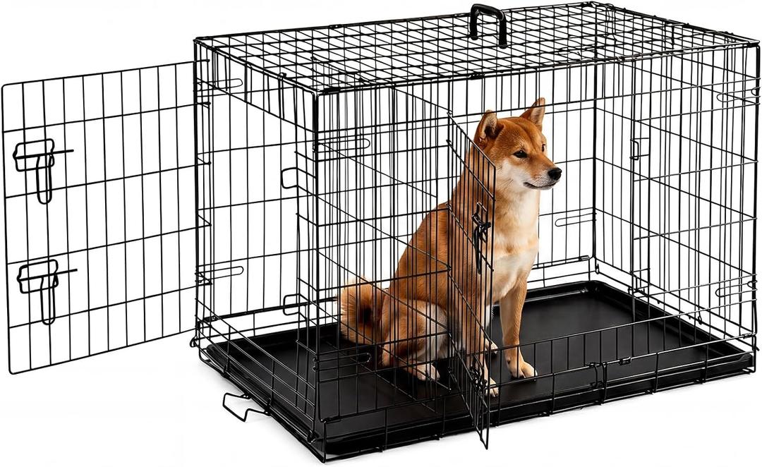 Dog Crate - Medium 36 Inch Double Door Portable Dog Cage, Metal Wire Pet Kennel with Secure Lock, Leak-Proof Pan Tray, Foldable Design for Dogs Pets Indoor Training and Outdoor Trave