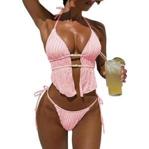 ZAFUL Halter Swimsuits for Women Textured Backless 2 Piece Bathing Suits Cheeky High Cut String Tie Side Bikini Sets (Pink, M)