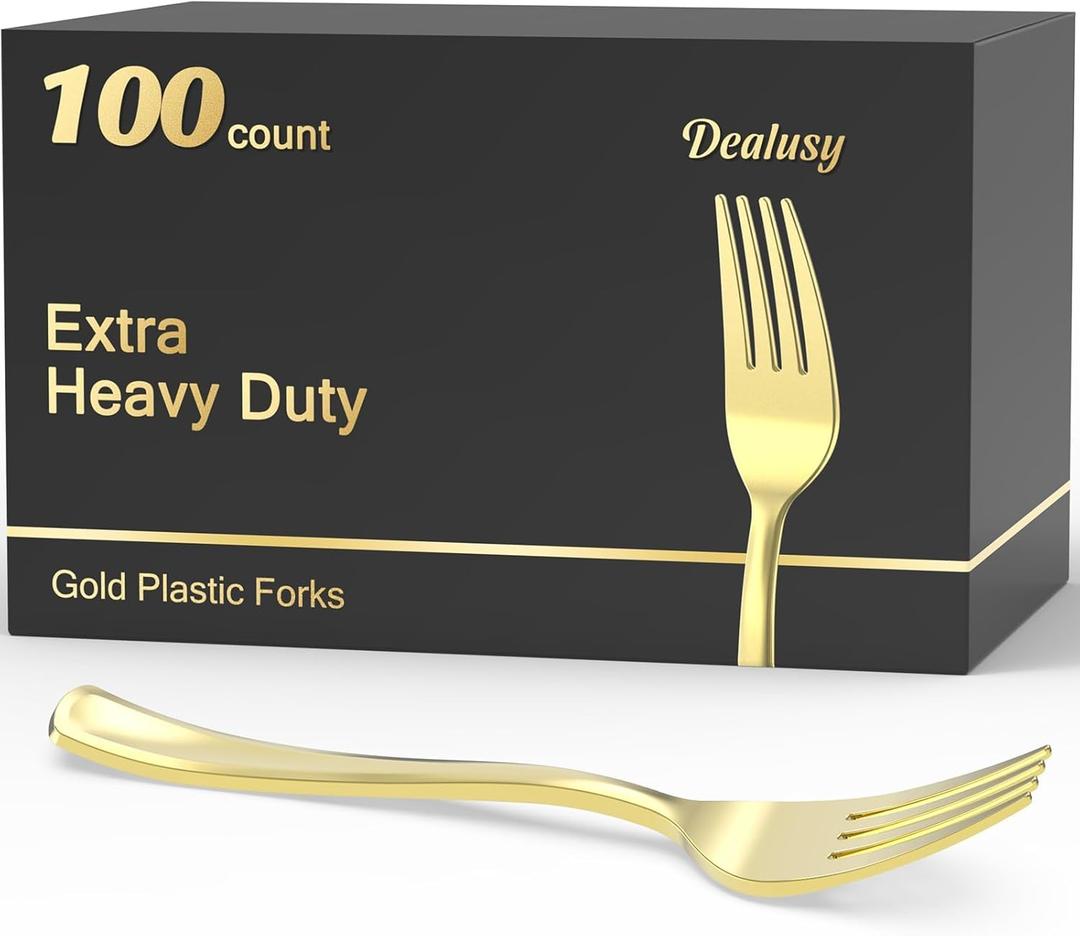Dealusy 100 Count Heavy Duty Gold Plastic Forks Disposable, BPA-Free, Heat Resistant, Solid and Durable Premium Plastic Disposable Forks for Party Supply
