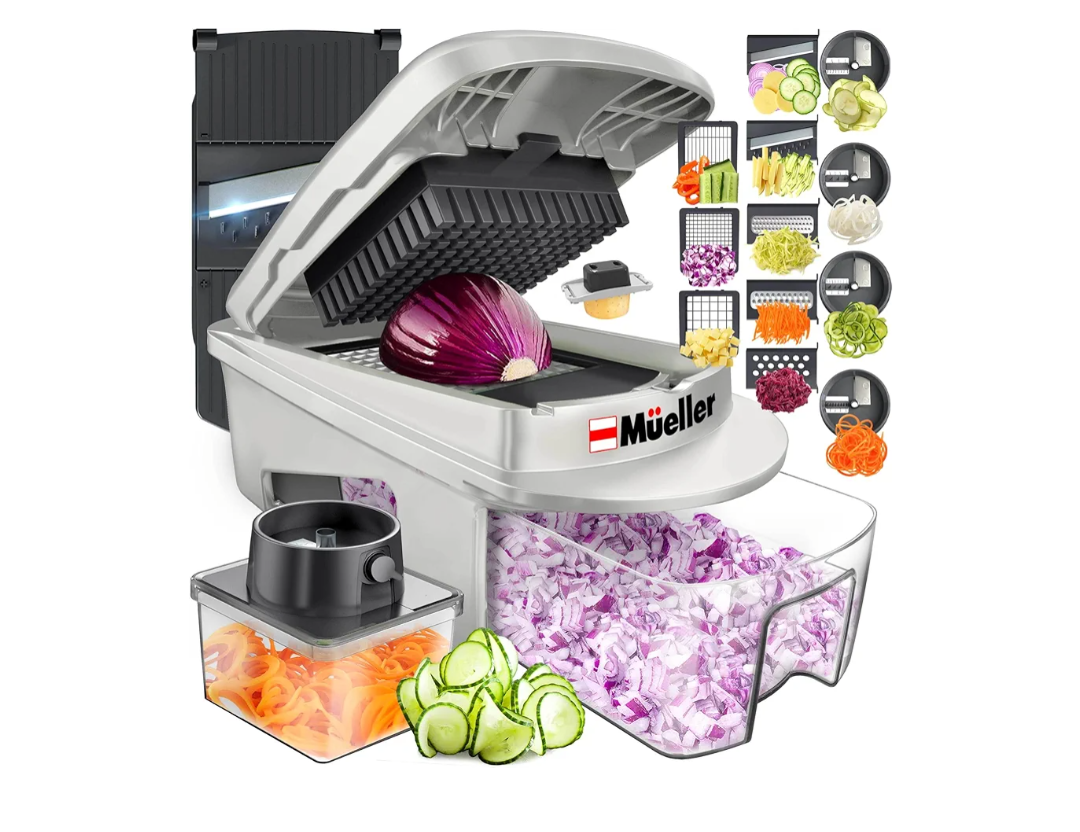 Mueller Pro-Series All-in-One, 12 Blade Mandoline Slicer for Kitchen, Food Chopper, Vegetable Slicer and Spiralizer, Cutter, Dicer, Grater, Kitchen Gadgets Sets with Container, White Sand/Gray