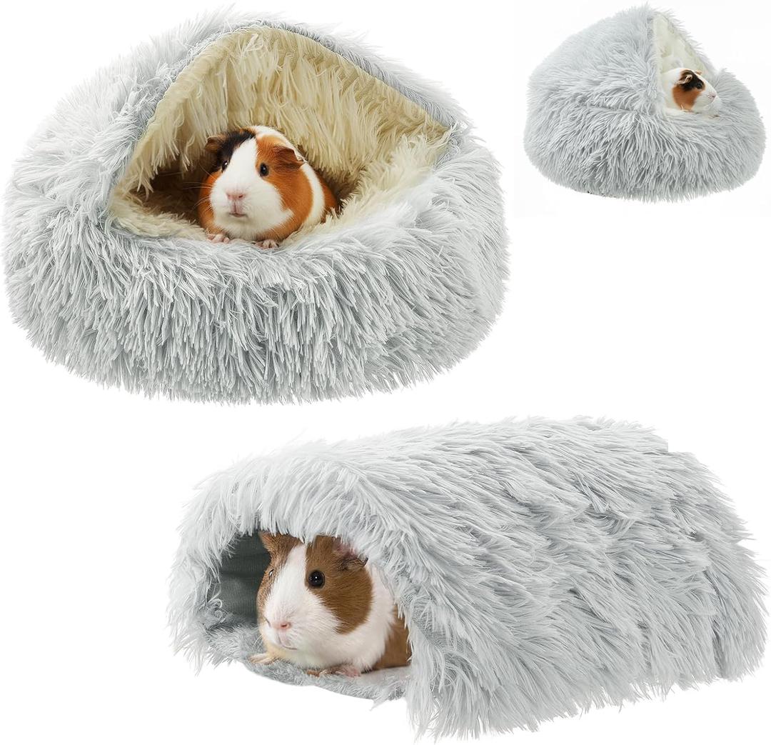 2 Pack Guinea Pig Hideout Bed with Tunnel, Large Soft Plush Cozy House, Washable Hideaway for Guinea Pigs and Small Animals(Style 2)