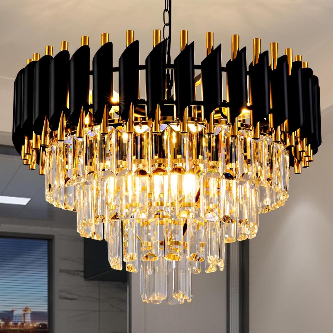 Modern Chandelier Gold and Black Crystal Chandeliers 4-Tier 20 Inch Round Hanging Crystal Pendant 7 Lights Fixture for Dining Room Bedroom Living Room Farmhouse, Clear