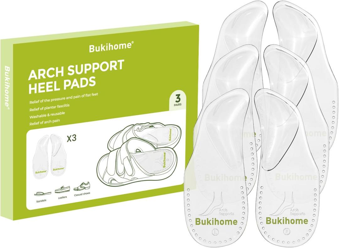 Bukihome Arch Support Shoe Insoles for Flat Feet,3 Pairs Gel Arch Inserts for Plantar Fasciitis, Adhesive Arch Pad for Relieve Pressure and Feet Pain (L, Transparent Color) Bukihome Arch Support Shoe Insoles for Flat Feet,3 Pairs Gel Arch Inserts for Plantar Fasciitis, Adhesive Arch Pad for Relieve Pressure and Feet Pain (L, Transparent Color)