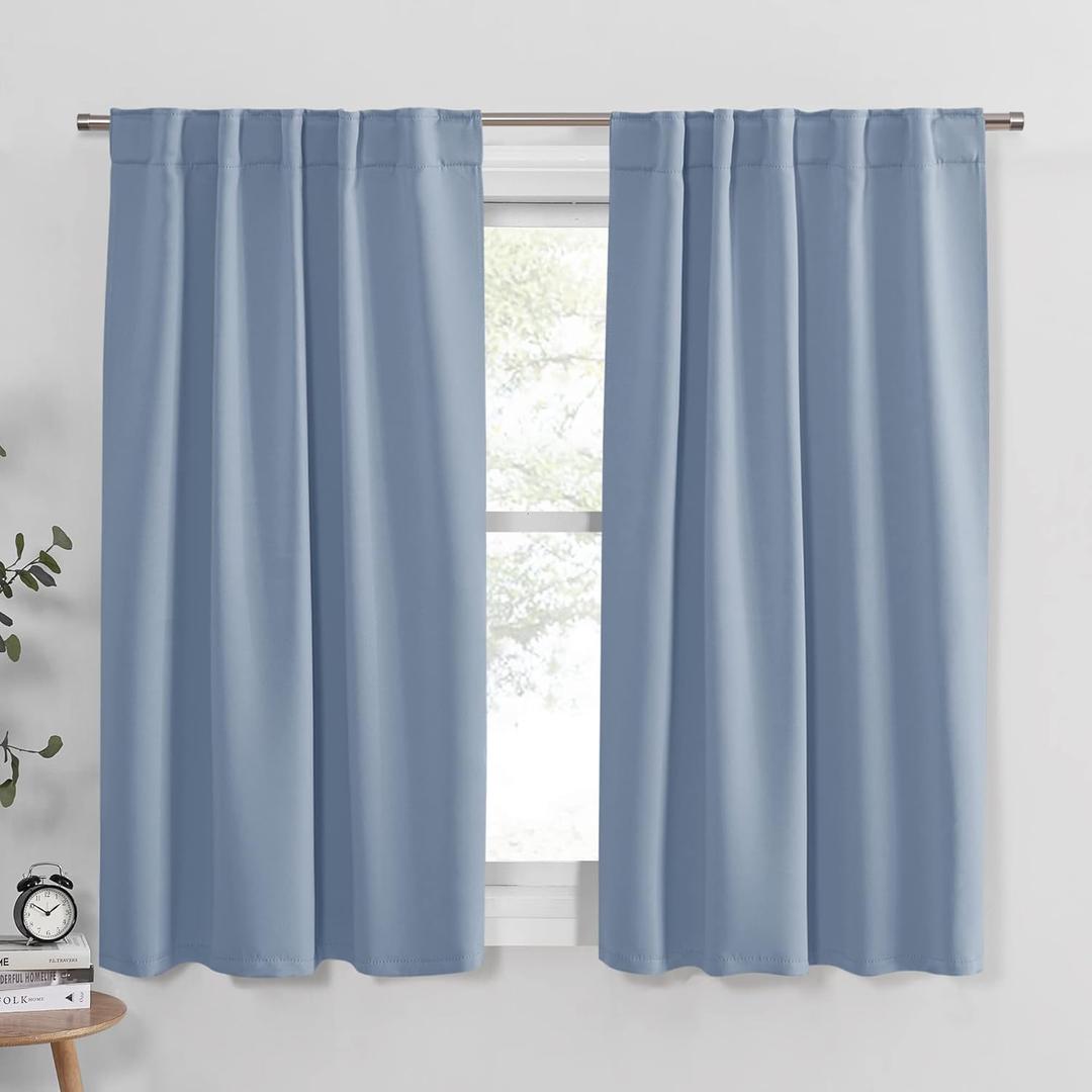 PONY DANCE Short Blackout Curtains Set - Nursery Short Curtain Panels Thermal Insulated Window Treatments Back Tab/Rod Pocket Light Blocking for Bedroom, 64 Wide 40 Long, Pigeon Blue, 2 Panels