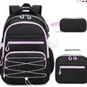 Backpack for Girls, 3 PCS Girls Backpack with Lunch Box, Pencil Cace Set for Teen Girl Kids, Bookbag School Backpacks for Elementary Middle High School College Students Age 3+ Black Purple
