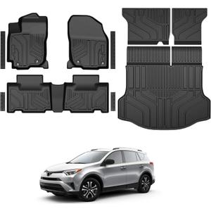 Floor Mats for Toyota RAV4 Gas 2013-2018, All Weather Floor Mats Trunk Cargo Liner with Backrest Protectors and Door Sill Guards Accessories, Full Coverage Set