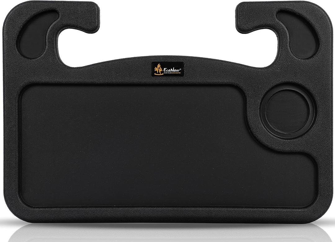 EcoNour 2 in 1 Car Steering Wheel Desk | Tray for Laptop Car Mount with Pen Holder | Desk Console for Car | Food Tray for Eating with Drinks Holder | Multipurpose Travel Car Accessories (Black)