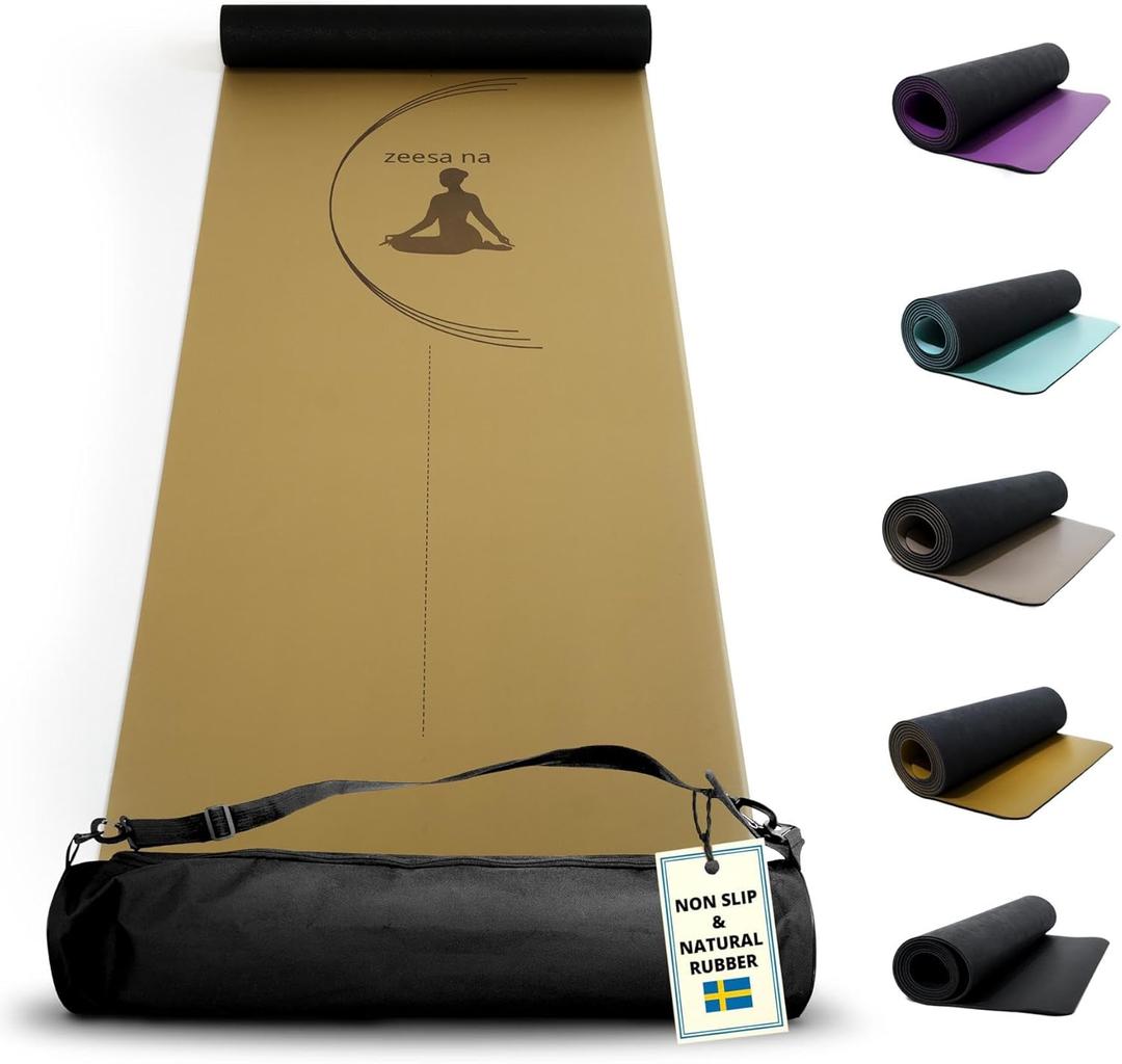 Zeesa Na Premium Natural Rubber Yoga Mat with Bag, Hot Yoga Mat Non Slip Grip, 4 mm Thin with Exceptional Cushioning due to Durable 2-Layer Design, Stretching and Home Workout, L 72 x W 24