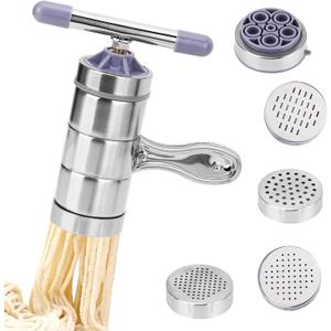 Manual Pasta Maker Machine, Stainless Steel Noodle Maker with 5 Dies, Hand Crank Pasta Press & Extruder for Fresh Homemade Pasta, Easy to Clean, Kitchen Pasta Machine