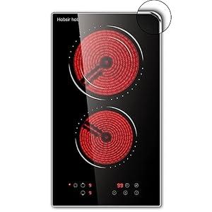 Hobsir hob 2 Burners Electric Cooktop, 12 inch Electric Stove Top Burner, Built-in Ceramic Stove with Touch Control, Timer, Safety Lock, 9 Power Levels 3200W, 220V-240V Hard Wire (No Plug)
