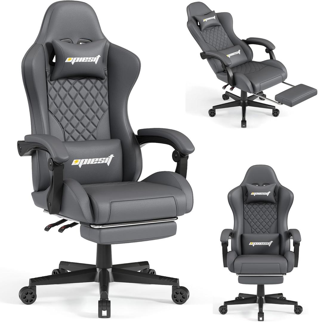 Gaming Chair,Computer Chair with Pocket Spring Cushion,Ergonomic Office Chair with Footrest,Height Adjustable Video Gamer Chair with Lumbar Support for Adults (No Massage, Light Grey)