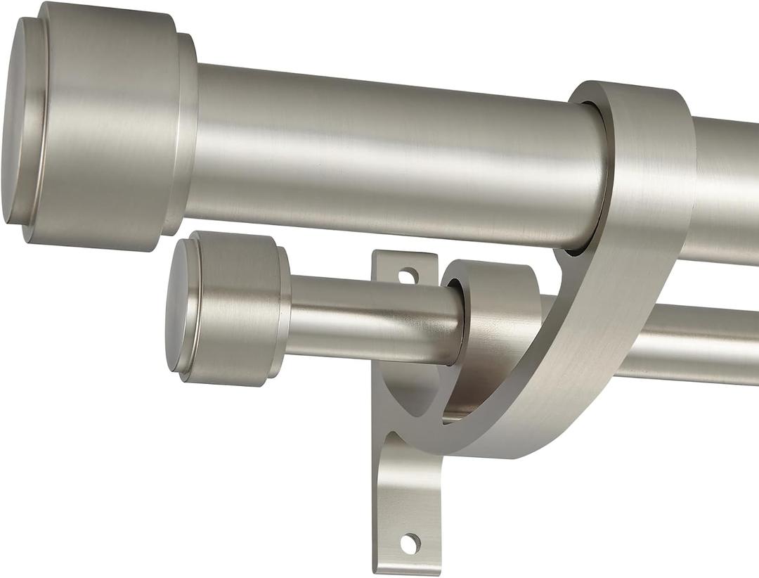 Double Curtain Rods with Aluminum Bouquet Brackets and End Cap Finials, Brushed Nickel Curtain Rods for Windows 36 to 72'',1-Inches Front and 5/8 Inches Back Double Drapery Rods