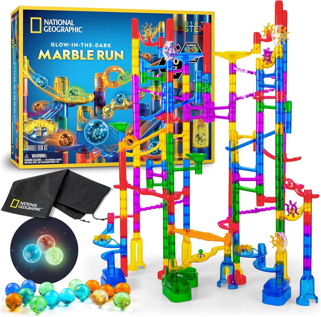 NATIONAL GEOGRAPHIC Glowing Marble Run 150 Piece Construction Set with 30 Glow in The Dark Glass Marbles & Storage Bag, STEM Gifts for Boys and Girls, Building Project Toy, Glowing Medium