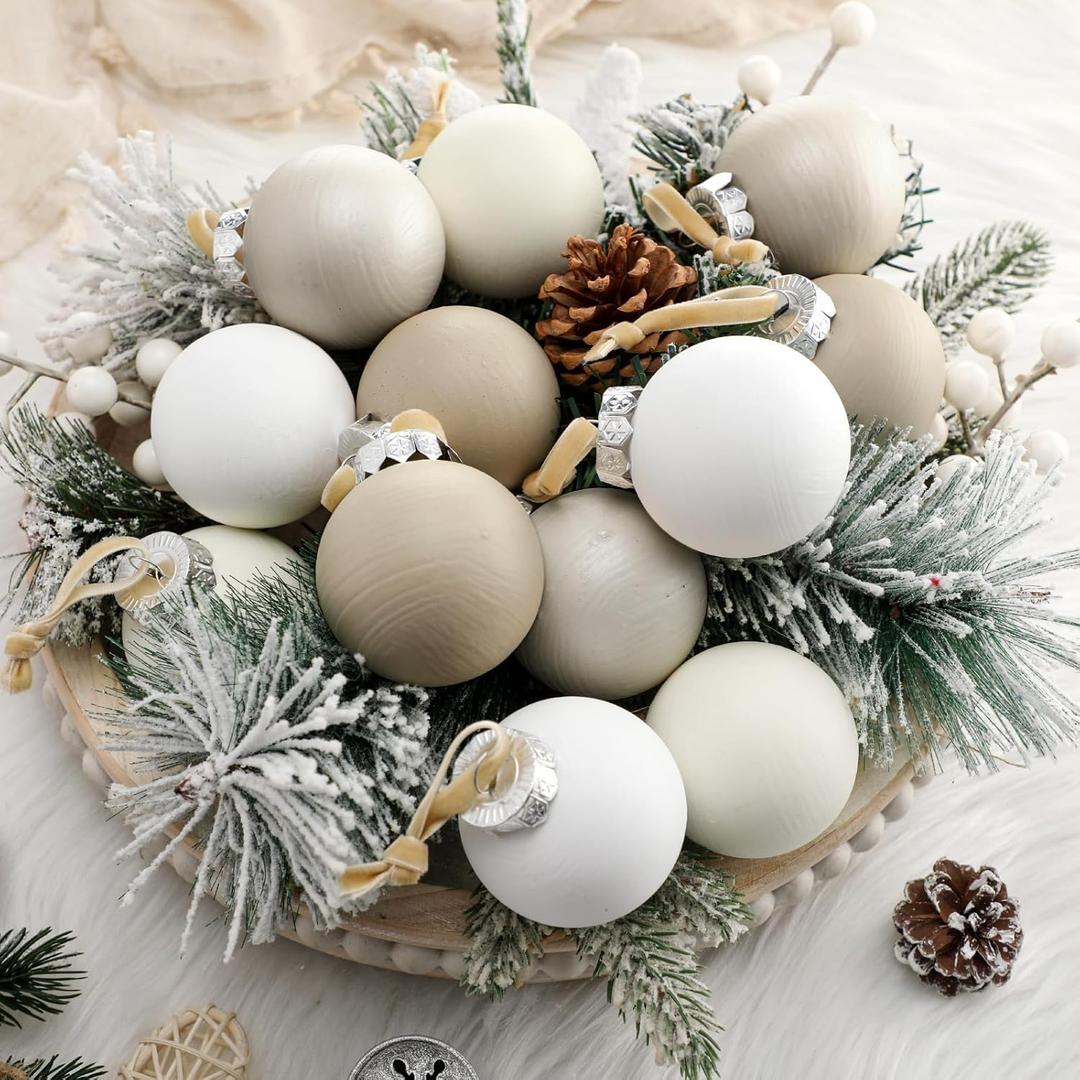 12 Pcs Neutral Textured Christmas Ball Ornaments 2.4 Inch Rustic Matte Cream Ivory White Taupe Xmas Baubles Antique Farmhouse Xmas Tree Decorations Modern Christmas Home Decor for Tree Holiday