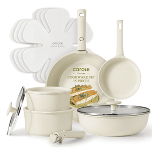 Carote 15 Pcs Pots and Pans Set Non Stick, Cookware Set with Detachable Handles, Oven Safe, Stackable, White