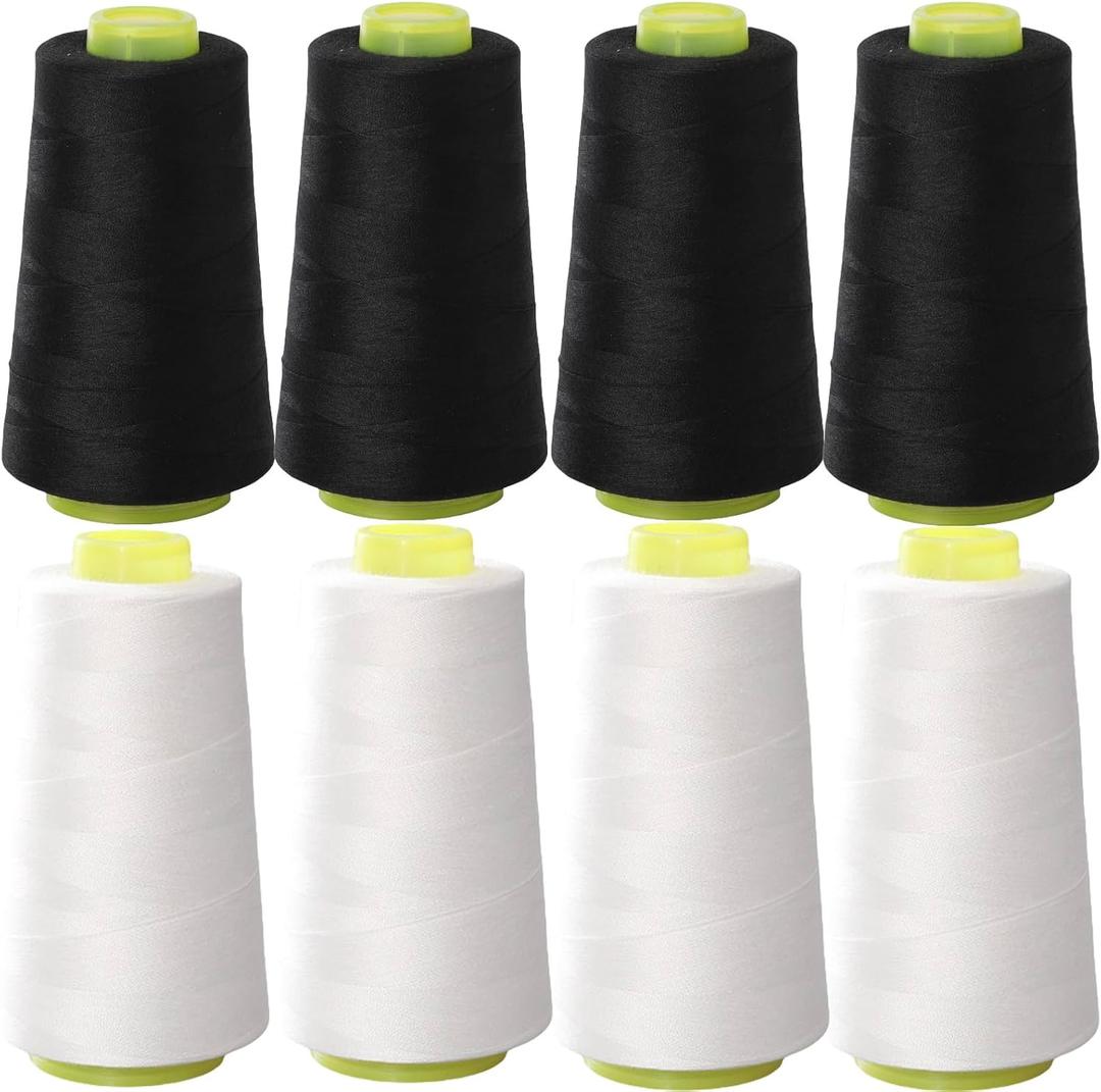 2 x Black & White Sewing Thread, 8PCS 40S/2 3000 Yard Spool Serger Thread, All Purpose Polyester Thread Serger Thread Cones