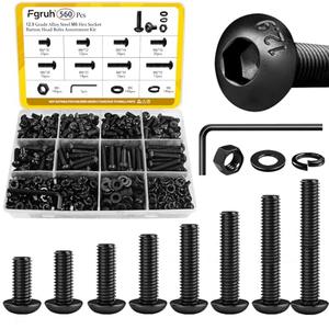 Fgruh 560PCS M6 Hex Socket Button Head Bolt Assortment Kit, M6-1.0x10/12/14/16/20/25/30/35 mm Button Head Cap Bolts Nuts Washers Screws Assorted Set, Grade 12.9 Alloy Steel Black Zinc Plated