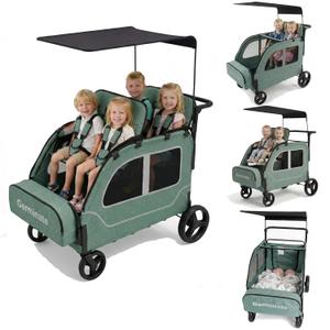 4 Seater Wagon Stroller, Large Quad Wagon for 2 3 4 Kids Baby Toddler Child with Seats, All Terrain, Triple Stroller, Adjustable Push/Pull Handles, Removable Canopy (Green)