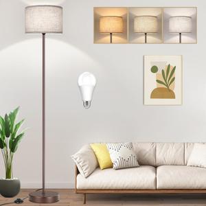 65 Simple Design Floor Lamp with 3CCT 9W LED Bulb, Modern Industrial Standing Lamp for Living Room with Foot Switch, Tall Lamp with Drum Shade, Stand Up Floor Light for Study Bedroom Office, Brown