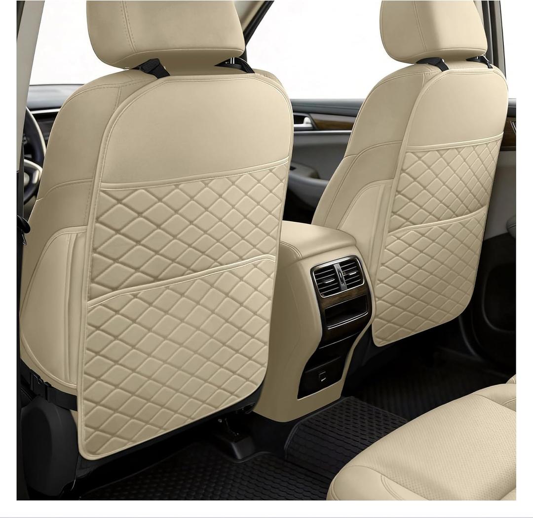 Seat Back Protectors for Kids, Car Kick Mats for Back of Front Seats with Large Pocket Organizer, Waterproof, Protects Against Dirt, Scuffs & Scratches, Fits Most Vehicles, 2PCS (Beige)