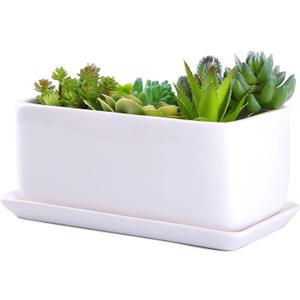 VanEnjoy 10 Inch White Rectangle Ceramic Succulent Planter Pot Decorative Cactus Plant Pot Flower Container with Ceramic Tray