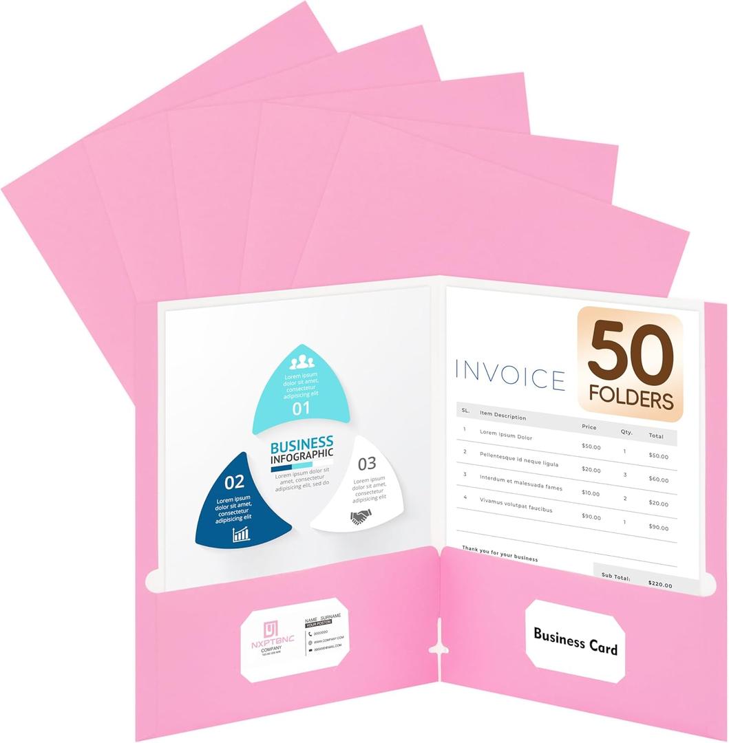 50 Packs Two Pocket Folders,Two Pocket File Folders with Business Card Slot,Pink,Letter Size,Paper Folders with Pockets for School Office Home Business