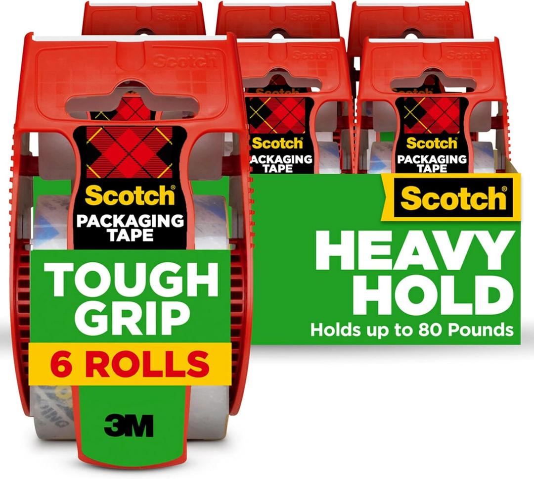 Scotch Tough Grip Moving Packing Tape, Clear, Moving Tape that Secures Boxes up to 80 Pounds, 1.88 in. x 22.2 yd., 6 Tape Rolls with Dispensers