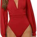 WDIRARA Women's Deep V Neck Ribbed Bodysuit Long Sleeve Skinny Bodycon Basic Bodysuit Tops (Pure Red), X-Small