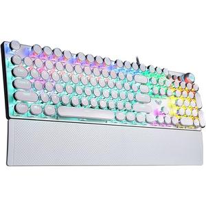 AULA F2088 Typewriter Mechanical Keyboard, White Retro Wired Gaming Keyboard with Blue Switches, Rainbow Backlit, Round Keycaps, Media Knob & Removable Wrist Rest