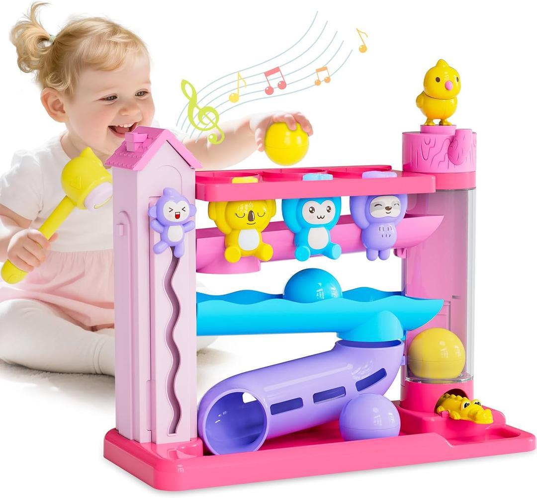 Toddler Musical Toys for 1+ Years Old Girls, Fine Motor Skills Developmental Baby Toy 12-18-24+ Months, Bilingual Toddler Learning Ball Drop Toy, Infant Birthday Gifts Toys for 1 2 Year Old Girl (Pink)