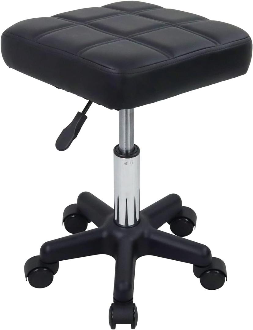 FURWOO Square Swivel Stool with Wheels PU Leather Rolling Stool Height Adjustable for Spa Salon Massage Black