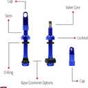 MBP Alloy Tubeless 50mm Bicycle Pro Design Presta Valve Stems Fits Most Rims with 2 Types of Grommets Included for Each stem. Alloy Cap has Built in Valve core Remover Tool. (Blue)