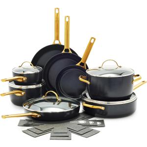 GreenPan Hard Anodized Healthy Ceramic Nonstick, 16 Piece Cookware Pots and Pans Set, Gold Handle, PFAS-Free, Dishwasher Safe, Oven Safe, Black
