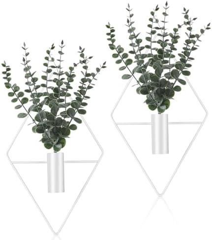 Jexine Hanging Planters with Artificial Eucalyptus Metal Hanging Vase Indoor Plants Holder Modern Geometric Boho Bathroom Wall Decor for Living Room Home Office (White,4 Pcs)