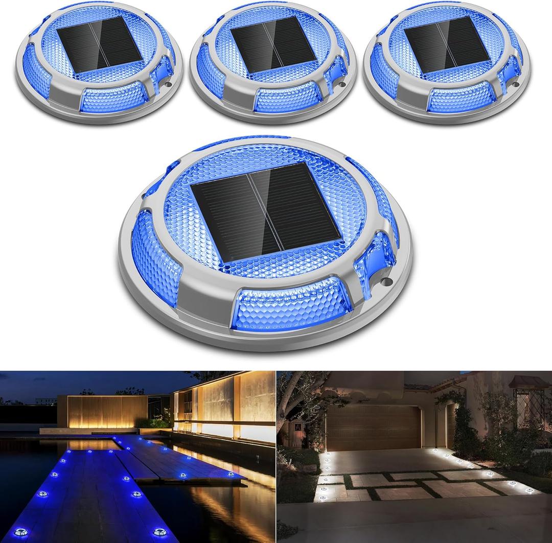 Solar Driveway Lights Dock Lights Waterproof 4 Pack, 2 Colors in 1, LED Solar Deck Lights for Outside, Solar Powered Ground Lights for Warning Driveway Stair Step Pathway(Blue & White)