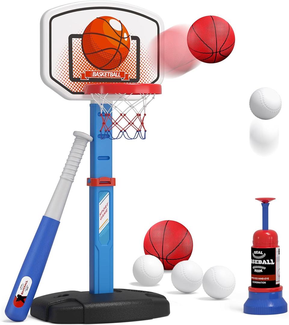 2 in 1 Kids Basketball Hoop and T Ball Set - Adjustable Height, Kids Baseball Tee with Automatic Pitching Machine, Indoor Outdoor Sport Toys Gifts for Toddler Boys Girls Age 1-5, Blue
