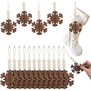 Soaoo 24 Pcs Christmas Stocking Name Tags Christmas Snowflake Ornaments DIY Wooden Xmas Decorations Hanging Tags with Matched Bead for Xmas Stocking Home Farmhouse Holiday Decor