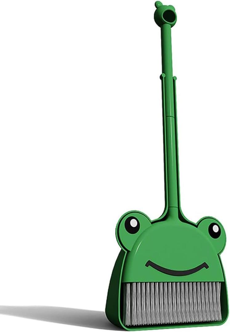 Children's Small Broom Dustpan Set Green Frog Mini Household Cleaning and Pretend Play Set