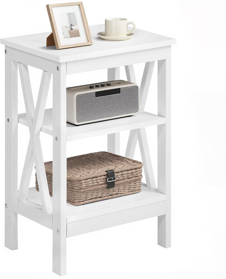 VECELO End Table, Bedside Table, 24" Tall Living Room End Tables, X-Design Reinforced Nightstands, Side Table with 3-Tier Storage Shelves for Small Spaces, Office, Bathroom, Bedroom, Pearl White, 1-pack