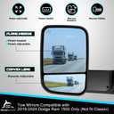 WHALEMOTOR Power Heated Tow Mirrors Compatible with 2019-2024 Dodge Ram 1500 Only (Not fit Classic), Manual Flip & Fold Tow Side Mirrors w/Blind Spot Detection, Turn Signal, Puddle Light, Temp Sensor, 24.8 inches