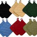 12 Pack Square Pot Holders 100% Cotton Heat Resistant Hotpads for Cooking Kitchen Potholder Set Trivet for Cooking Baking Camping House with Hanging Loops, Size: 8x8inch, Machine Washable (Red, Black, Green, Moss, Blue, Beige)