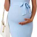 Maternity Dress Sleeveless Rib Knit V Neck Casual Summer Baby Shower Dresses Pregnancy Clothes with Belt (Blue, M)