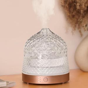 200ml Glass Reservoir Essential Oil Diffuser with Glass Dome Ultrasonic Aromatherapy Diffuser with Four Timer Colorful Light Auto-Off for Home Office Bedroom